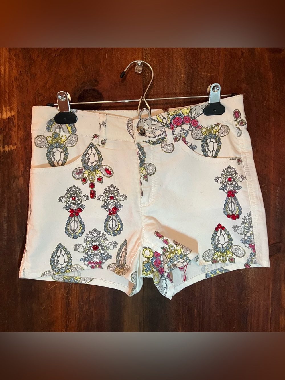 Dex White Jean Shorts with Multicolor Jewel Embellishments